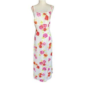 Adrienne Vittadini White Floral Spaghetti Strap Lined Maxi Dress with Slit Sz 10